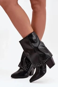 Discount Botki Kowbojki Z Wywiniętą Cholewką I Zdobieniem Ocieplane Czarne Inessia Damskie Botki Ocieplane|Botki Skórzane