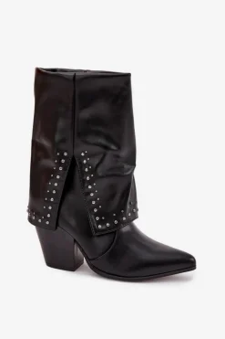 Discount Botki Kowbojki Z Wywiniętą Cholewką I Zdobieniem Ocieplane Czarne Inessia Damskie Botki Ocieplane|Botki Skórzane