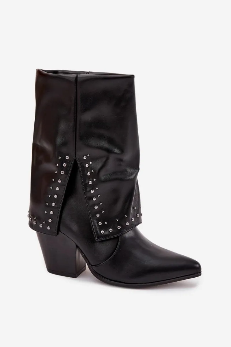 Discount Botki Kowbojki Z Wywiniętą Cholewką I Zdobieniem Ocieplane Czarne Inessia Damskie Botki Ocieplane|Botki Skórzane