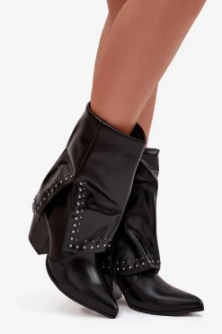 Discount Botki Kowbojki Z Wywiniętą Cholewką I Zdobieniem Ocieplane Czarne Inessia Damskie Botki Ocieplane|Botki Skórzane