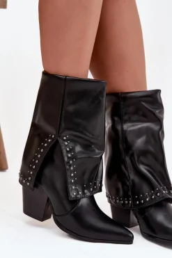 Discount Botki Kowbojki Z Wywiniętą Cholewką I Zdobieniem Ocieplane Czarne Inessia Damskie Botki Ocieplane|Botki Skórzane