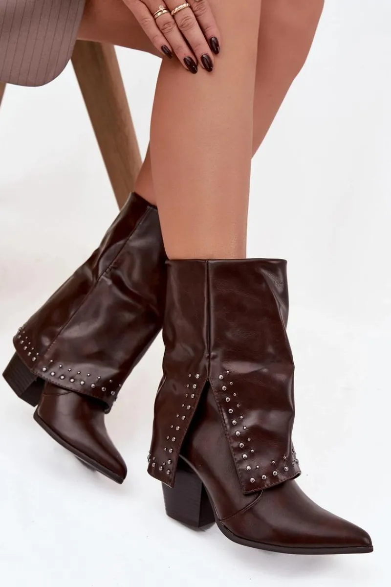 Botki Ocieplane|Botki Skórzane>Boto Botki Kowbojki Z Wywiniętą Cholewką I Zdobieniem Ocieplane Czekoladowe Inessia Brązowy