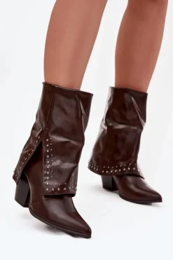 Botki Ocieplane|Botki Skórzane>Boto Botki Kowbojki Z Wywiniętą Cholewką I Zdobieniem Ocieplane Czekoladowe Inessia Brązowy