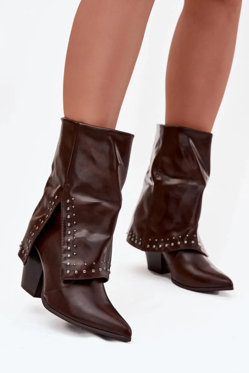 Botki Ocieplane|Botki Skórzane>Boto Botki Kowbojki Z Wywiniętą Cholewką I Zdobieniem Ocieplane Czekoladowe Inessia Brązowy