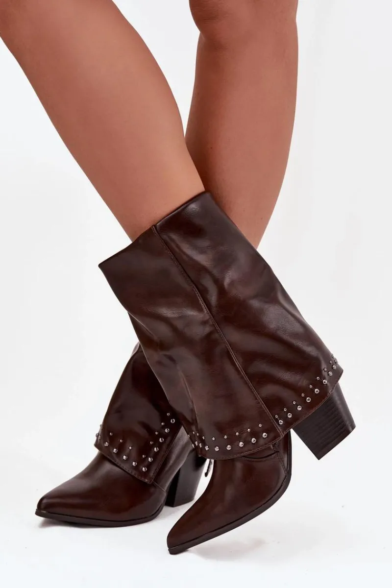 Botki Ocieplane|Botki Skórzane>Boto Botki Kowbojki Z Wywiniętą Cholewką I Zdobieniem Ocieplane Czekoladowe Inessia Brązowy