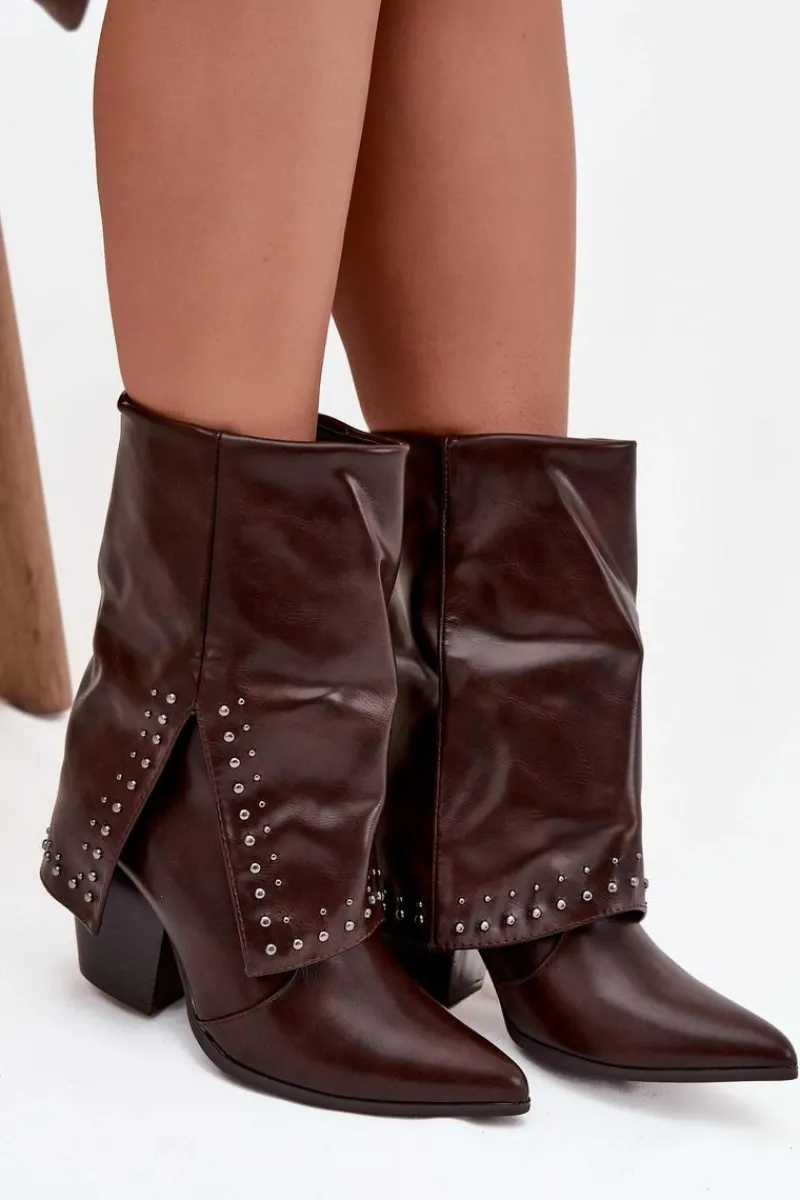 Botki Ocieplane|Botki Skórzane>Boto Botki Kowbojki Z Wywiniętą Cholewką I Zdobieniem Ocieplane Czekoladowe Inessia Brązowy