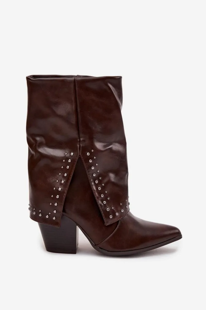 Botki Ocieplane|Botki Skórzane>Boto Botki Kowbojki Z Wywiniętą Cholewką I Zdobieniem Ocieplane Czekoladowe Inessia Brązowy