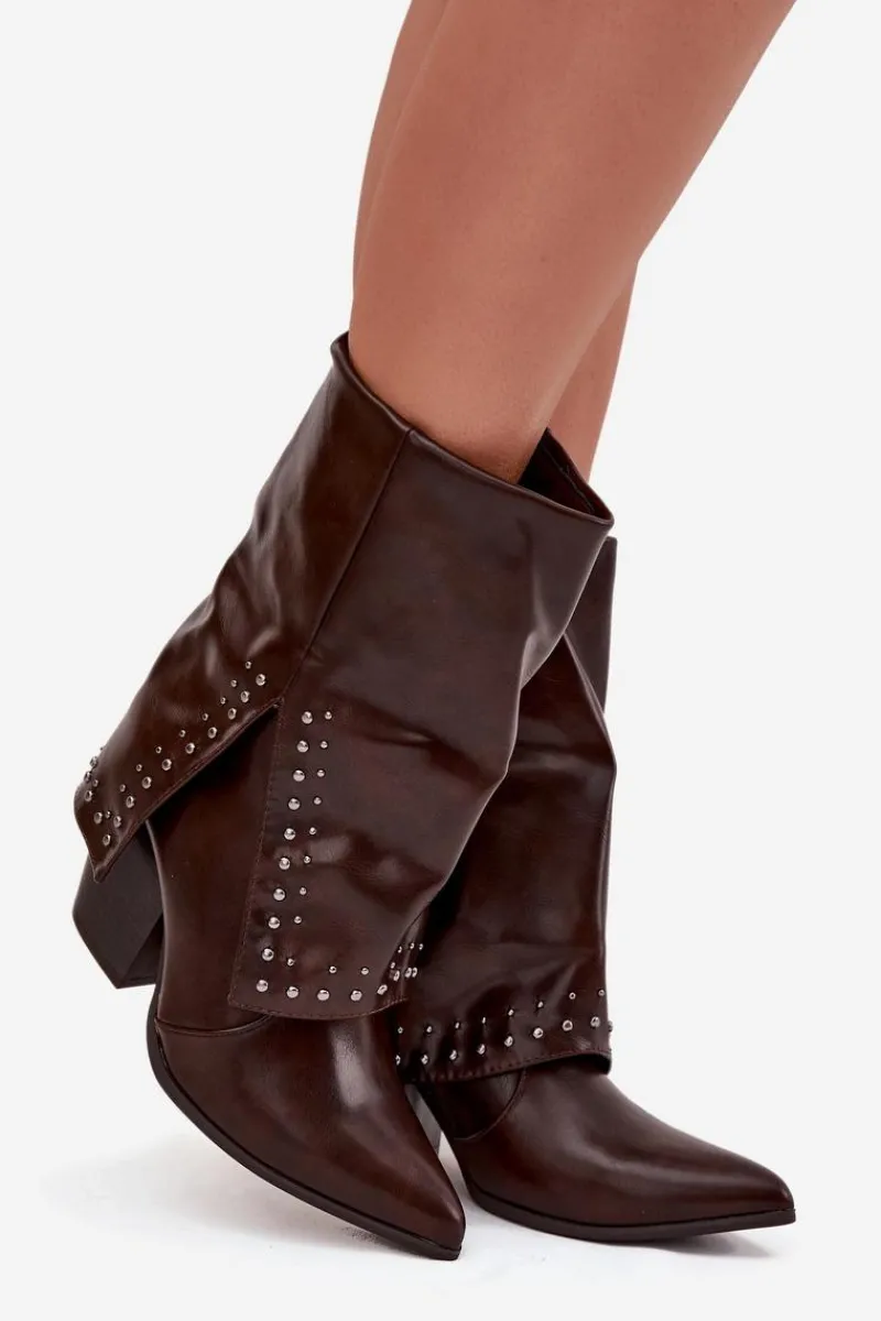 Botki Ocieplane|Botki Skórzane>Boto Botki Kowbojki Z Wywiniętą Cholewką I Zdobieniem Ocieplane Czekoladowe Inessia Brązowy