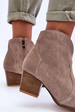 Hot Botki Kowbojki Zamszowe Lewski EV28 Beżowe Damskie Botki Na Słupku|Brązowe I Beżowe Botki