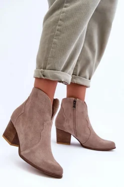 Hot Botki Kowbojki Zamszowe Lewski EV28 Beżowe Damskie Botki Na Słupku|Brązowe I Beżowe Botki