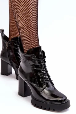Best Botki Lakierowane Na Słupku Ocieplane Czarne D&A MR870-54 Damskie Botki Sznurowane|Botki Na Słupku
