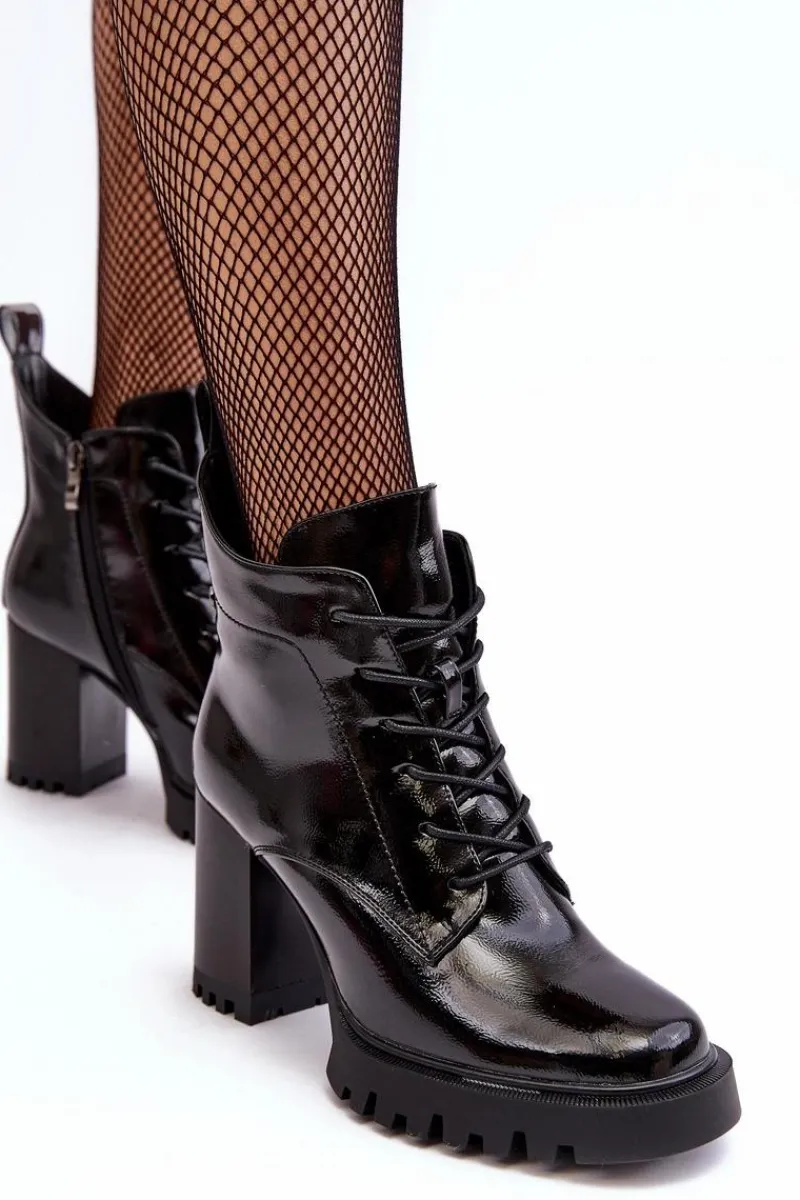 Best Botki Lakierowane Na Słupku Ocieplane Czarne D&A MR870-54 Damskie Botki Sznurowane|Botki Na Słupku