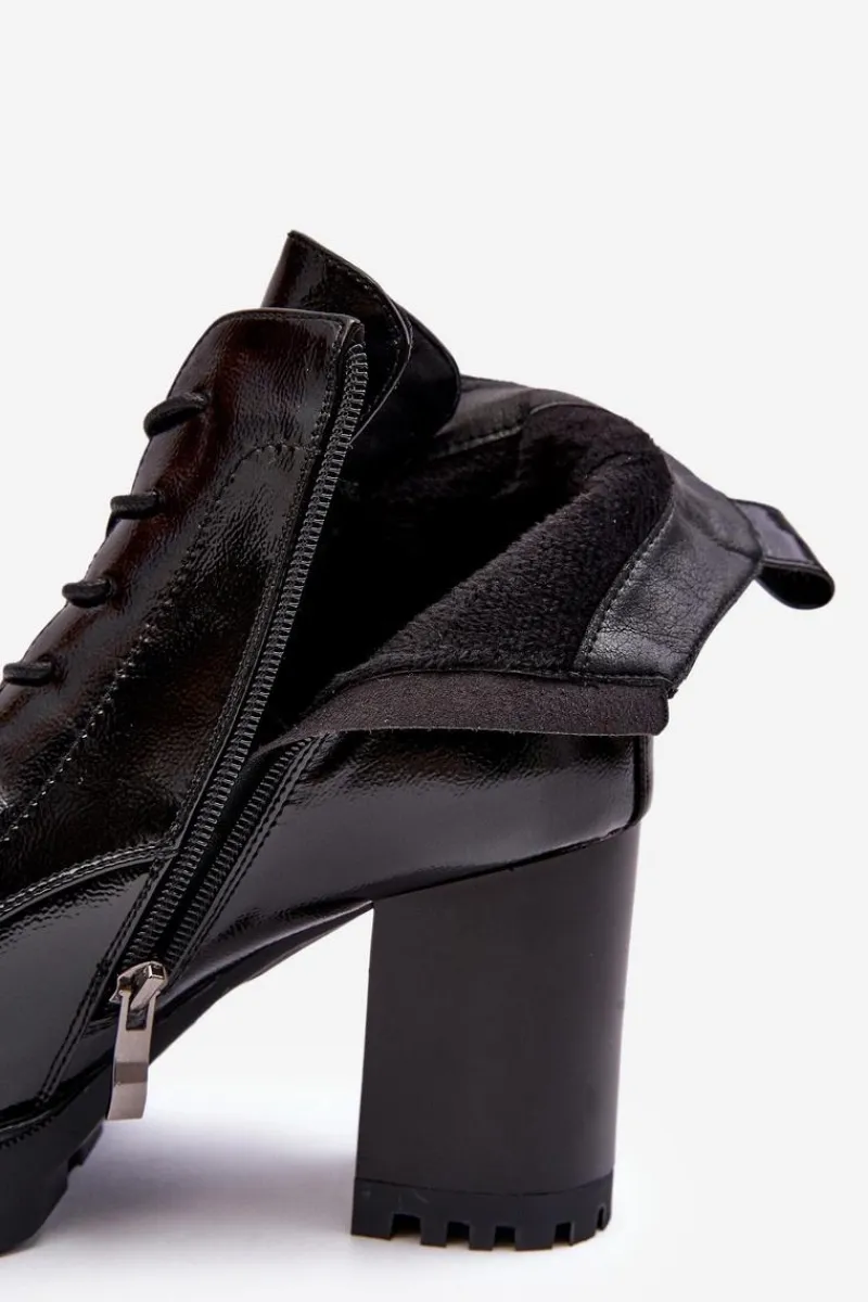 Best Botki Lakierowane Na Słupku Ocieplane Czarne D&A MR870-54 Damskie Botki Sznurowane|Botki Na Słupku