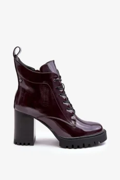 Best Damskie buty S.Barski Botki Lakierowane Na Słupku Ocieplane Bordowe D&A MR870-54