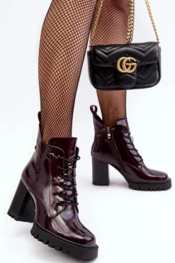 Best Damskie buty S.Barski Botki Lakierowane Na Słupku Ocieplane Bordowe D&A MR870-54