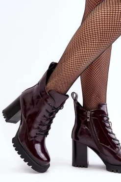 Best Damskie buty S.Barski Botki Lakierowane Na Słupku Ocieplane Bordowe D&A MR870-54