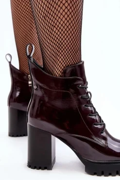 Best Damskie buty S.Barski Botki Lakierowane Na Słupku Ocieplane Bordowe D&A MR870-54