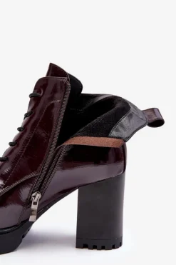 Best Damskie buty S.Barski Botki Lakierowane Na Słupku Ocieplane Bordowe D&A MR870-54