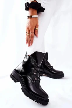 Hot Botki Lakierowane Ocieplane Sergio Leone Czarne TR744 Damskie Czarne Botki|Botki Zimowe Damskie