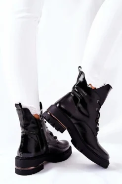 Hot Botki Lakierowane Ocieplane Sergio Leone Czarne TR744 Damskie Czarne Botki|Botki Zimowe Damskie