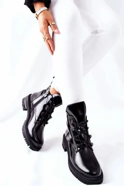 Hot Botki Lakierowane Ocieplane Sergio Leone Czarne TR744 Damskie Czarne Botki|Botki Zimowe Damskie