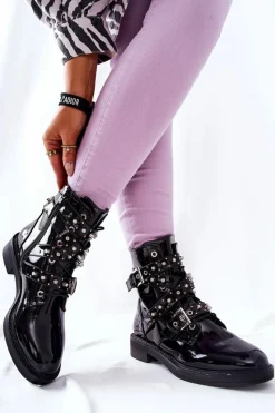 Best Botki Lakierowane Z Paskami Czarne Loristy Damskie Czarne Botki|Botki Zimowe Damskie