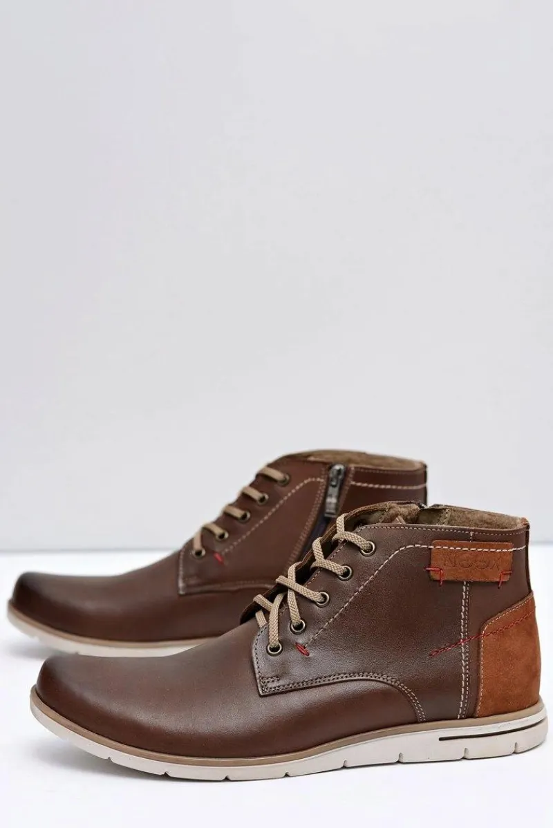 Best Botki Męskie Skórzane Ocieplane Brązowe Fresco Męskie Botki Męskie