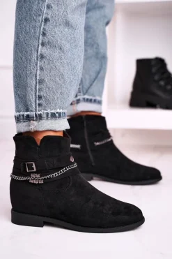 Hot Boto Botki Na Koturnie Z Łańcuszkiem Zamszowe Czarne Eliza