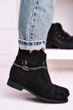 Hot Boto Botki Na Koturnie Z Łańcuszkiem Zamszowe Czarne Eliza
