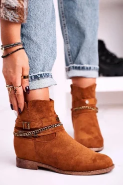 Hot Botki Na Koturnie Z Łańcuszkiem Zamszowe Brązowe Eliza Damskie Botki Na Koturnie|Czarne Botki