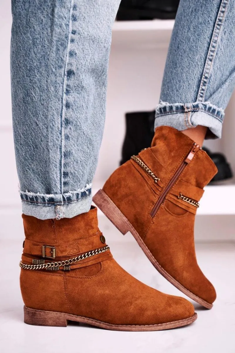 Hot Botki Na Koturnie Z Łańcuszkiem Zamszowe Brązowe Eliza Damskie Botki Na Koturnie|Czarne Botki