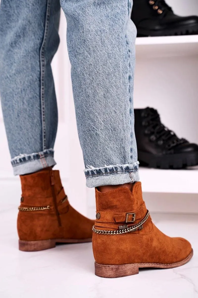 Hot Botki Na Koturnie Z Łańcuszkiem Zamszowe Brązowe Eliza Damskie Botki Na Koturnie|Czarne Botki