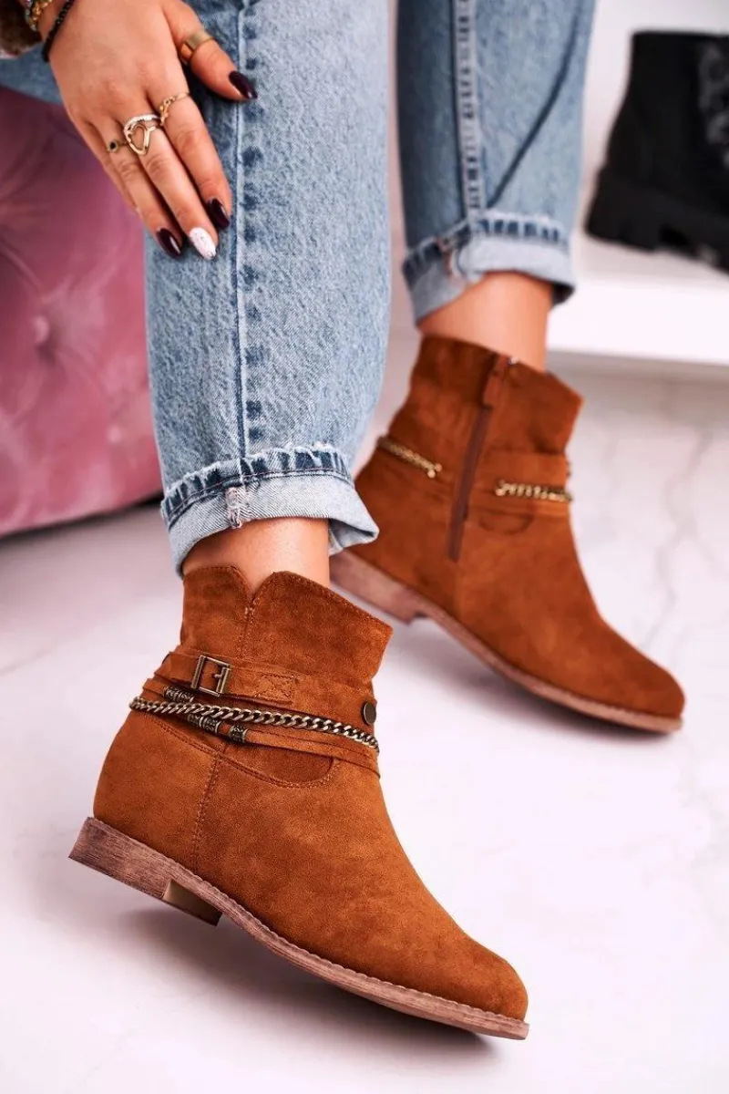 Hot Botki Na Koturnie Z Łańcuszkiem Zamszowe Brązowe Eliza Damskie Botki Na Koturnie|Czarne Botki