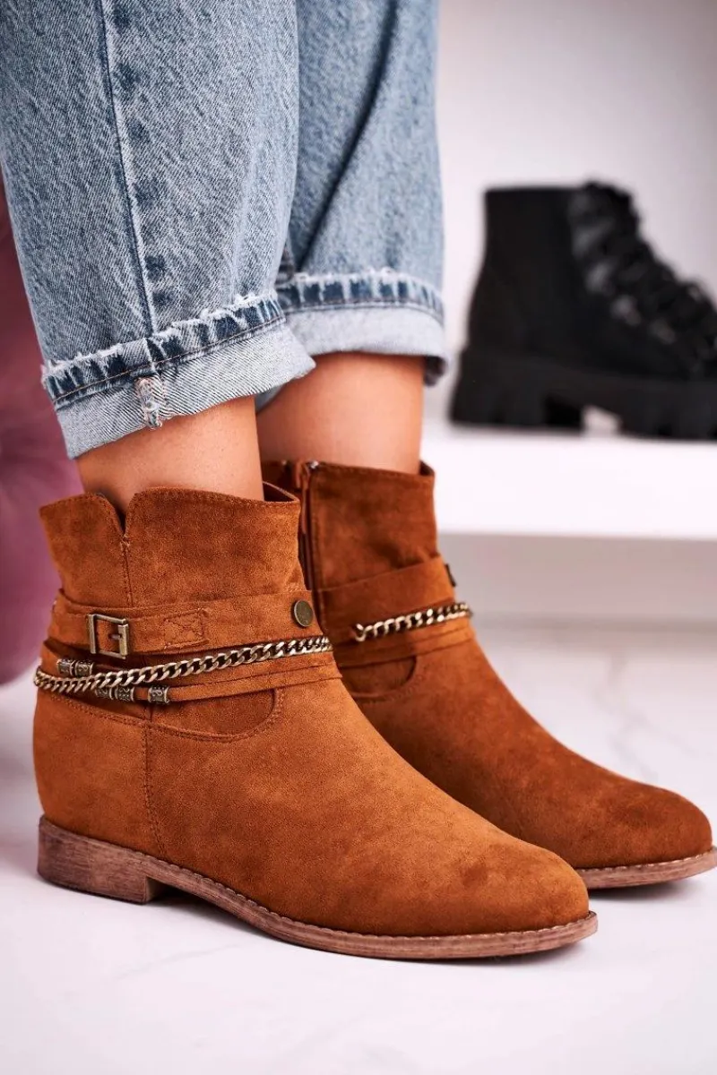 Hot Botki Na Koturnie Z Łańcuszkiem Zamszowe Brązowe Eliza Damskie Botki Na Koturnie|Czarne Botki