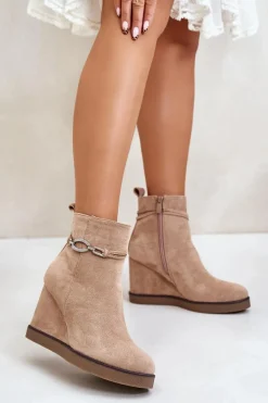 Botki Na Koturnie|Brązowe I Beżowe Botki>Boto Botki Na Koturnie Z Ozdobnym Paskiem Beżowe Kaiviana