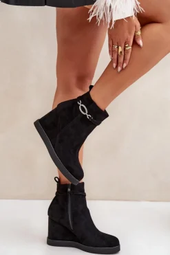 New Botki Na Koturnie Z Ozdobnym Paskiem Czarne Kaiviana Damskie Botki Ocieplane|Botki Na Koturnie