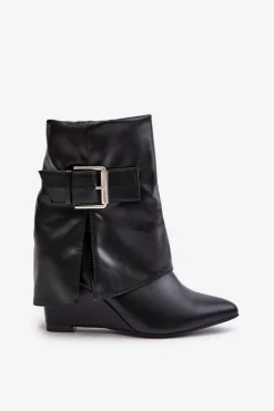 Outlet Boto Botki Na Koturnie Z Wywiniętą Cholewką I Klamrą Czarne Vortinia Czarny