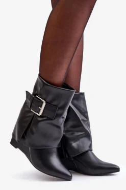 Outlet Boto Botki Na Koturnie Z Wywiniętą Cholewką I Klamrą Czarne Vortinia Czarny