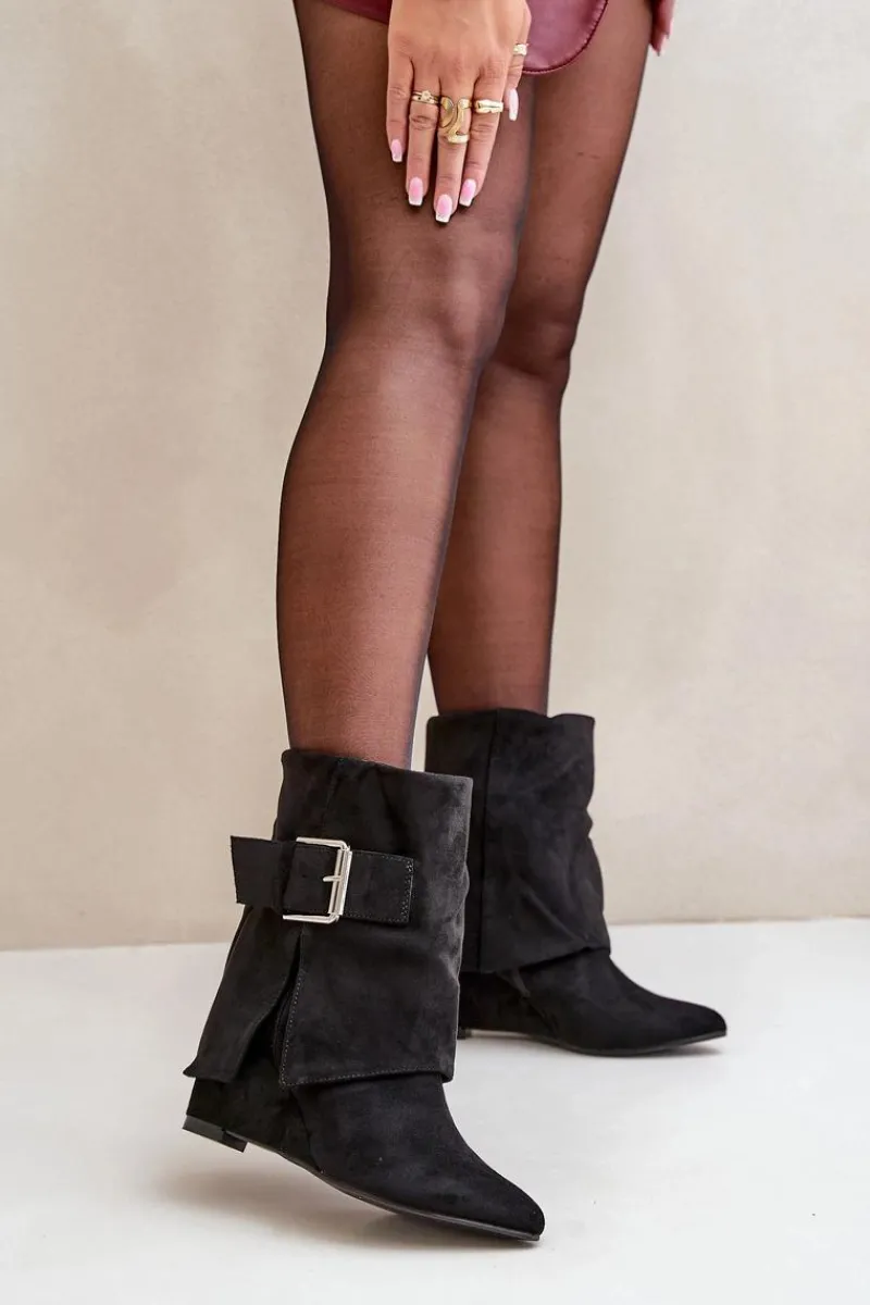 Hot Botki Na Koturnie Z Wywiniętą Cholewką I Klamrą Eko Zamszowe Czarne Vortinia Damskie Botki Na Koturnie|Czarne Botki