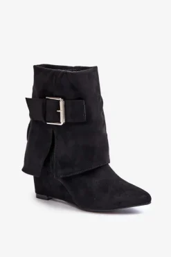 Hot Botki Na Koturnie Z Wywiniętą Cholewką I Klamrą Eko Zamszowe Czarne Vortinia Damskie Botki Na Koturnie|Czarne Botki