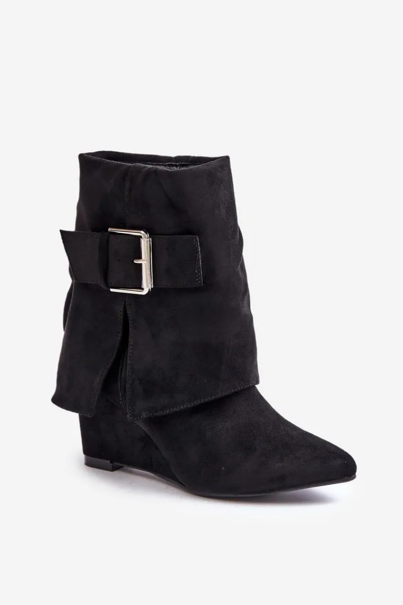 Hot Botki Na Koturnie Z Wywiniętą Cholewką I Klamrą Eko Zamszowe Czarne Vortinia Damskie Botki Na Koturnie|Czarne Botki