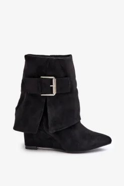 Hot Botki Na Koturnie Z Wywiniętą Cholewką I Klamrą Eko Zamszowe Czarne Vortinia Damskie Botki Na Koturnie|Czarne Botki