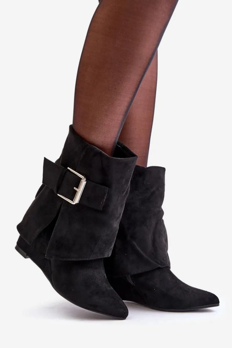 Hot Botki Na Koturnie Z Wywiniętą Cholewką I Klamrą Eko Zamszowe Czarne Vortinia Damskie Botki Na Koturnie|Czarne Botki