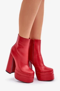 Outlet Botki Na Masywnej Platformie I Słupku Ocieplane Czerwone Selahra Damskie Botki Ocieplane|Botki Na Słupku