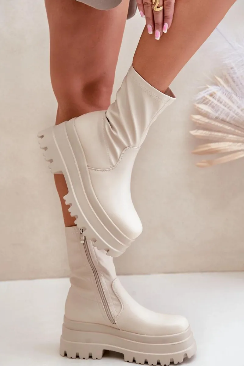 Botki Na Masywnej Platformie Jasnobeżowe Florinara Damskie Botki Ocieplane|Brązowe I Beżowe Botki