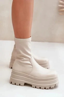 Botki Na Masywnej Platformie Jasnobeżowe Florinara Damskie Botki Ocieplane|Brązowe I Beżowe Botki