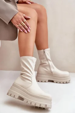 Botki Na Masywnej Platformie Jasnobeżowe Florinara Damskie Botki Ocieplane|Brązowe I Beżowe Botki