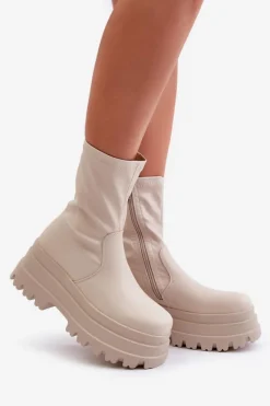 Botki Na Masywnej Platformie Jasnobeżowe Florinara Damskie Botki Ocieplane|Brązowe I Beżowe Botki