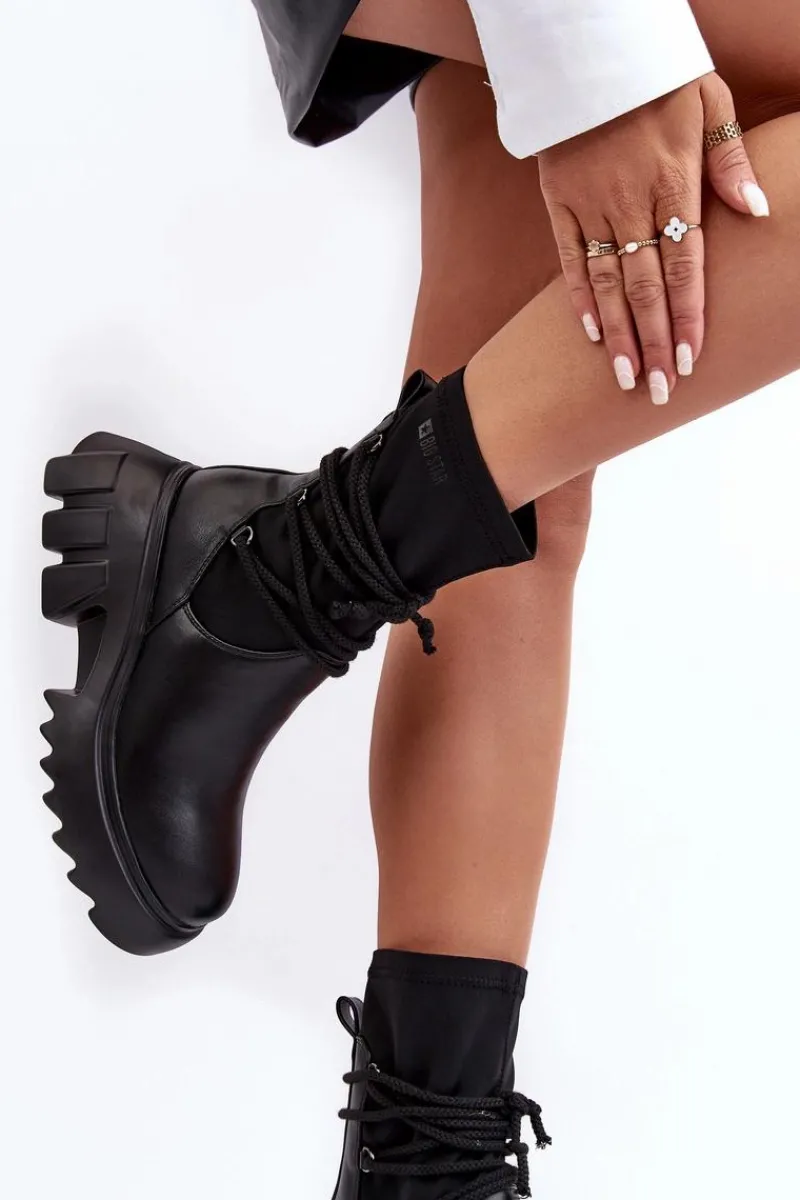 Botki Ocieplane|Czarne Botki>Big Star Shoes Botki Na Masywnej Platformie Z Wiązaniem Czarne Big Star MM274590