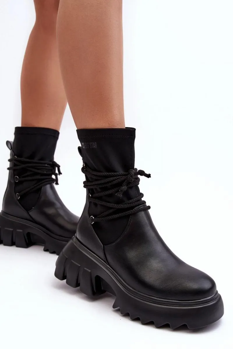 Botki Ocieplane|Czarne Botki>Big Star Shoes Botki Na Masywnej Platformie Z Wiązaniem Czarne Big Star MM274590